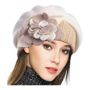 Forbusite Women’s Cream Wool Beret Beanie Hat with Floral Accent New